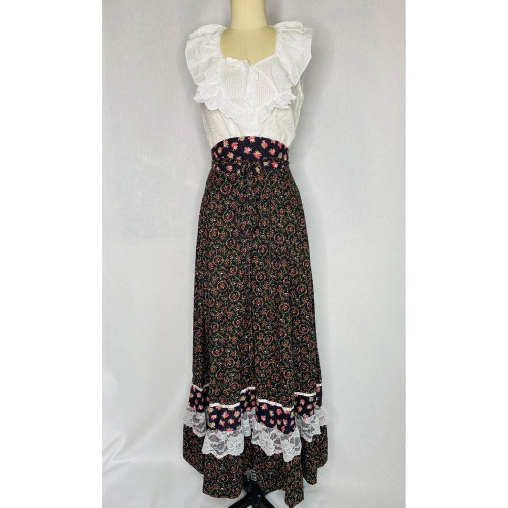 Vintage 70s Prairie Peasant Maxi Skirt Sz S Black Floral Calico Print Lace - Picture 7 of 9